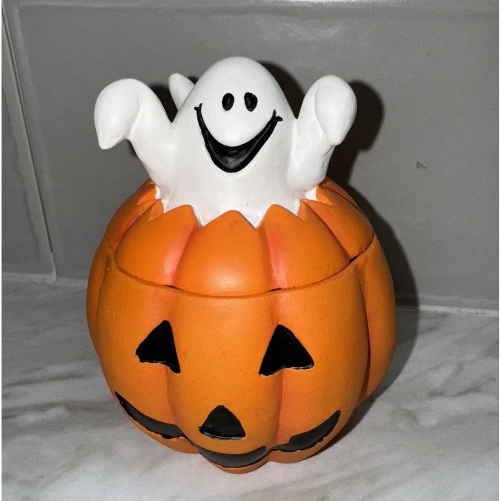 Vintage Ceramic Ghost on Pumpkin Lid Halloween Candle Holder Trinket Box